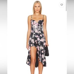 Floral Satin High-Low Slip Dress - Black & Pink